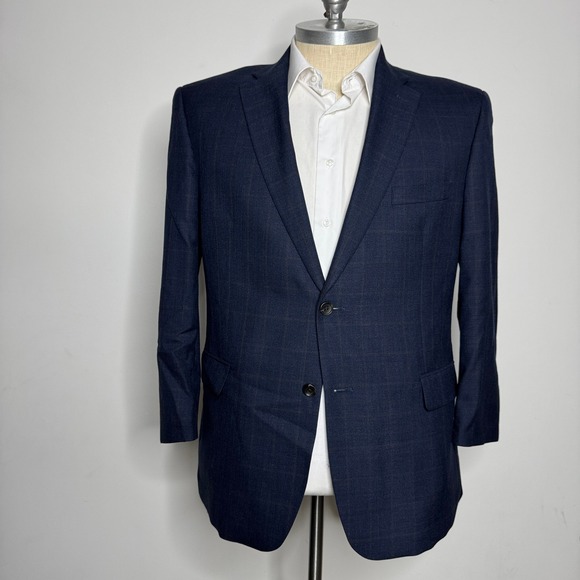 Jos A Bank Reserve Mens 46 Regular Blue Silk Wool Plaid Blazer Jacket - Picture 1 of 4